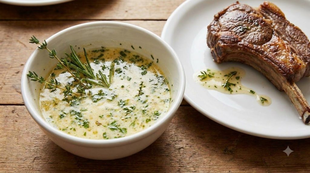 A creamy yellow lemon-herb butter sauce in a small bowl with fresh thyme and rosemary next to cooked lamb chops