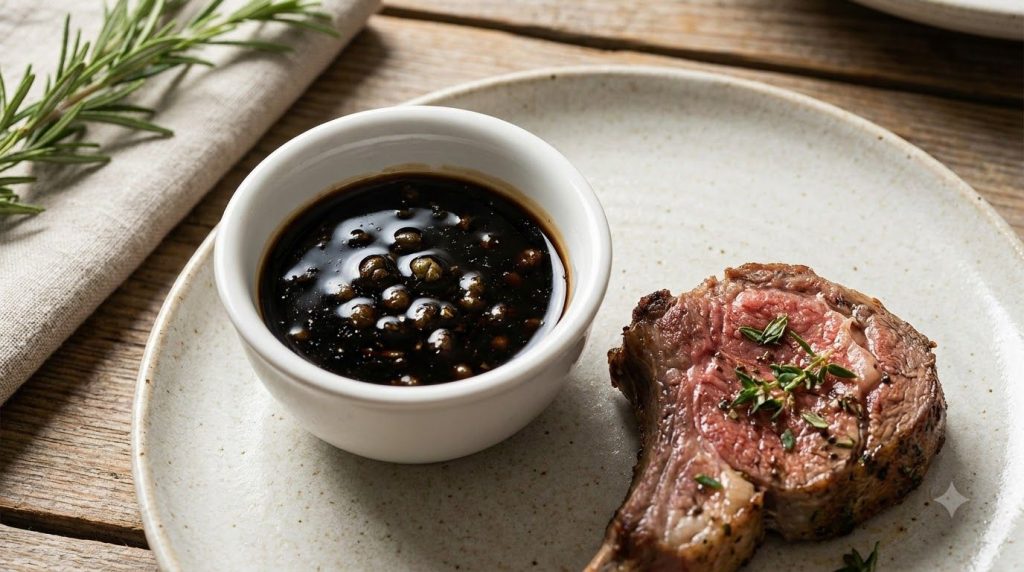 A dark glossy balsamic glaze with visible capers in a small bowl next to cooked lamb chops