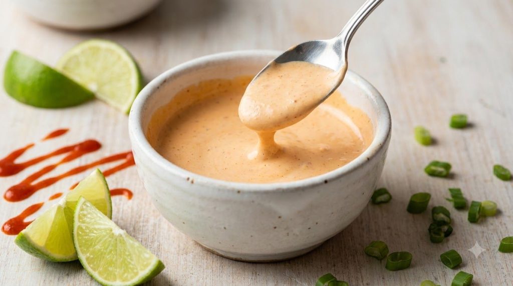 A small white ceramic bowl containing a creamy light orange spicy mayo sauce A spoon is scooping out a dollop Fresh lime