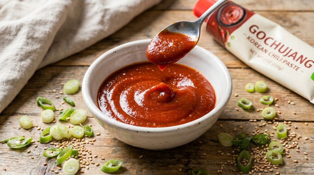 A small white ceramic bowl filled with a vibrant red-orange gochujang dipping sauce A spoon is lifting a small amount of
