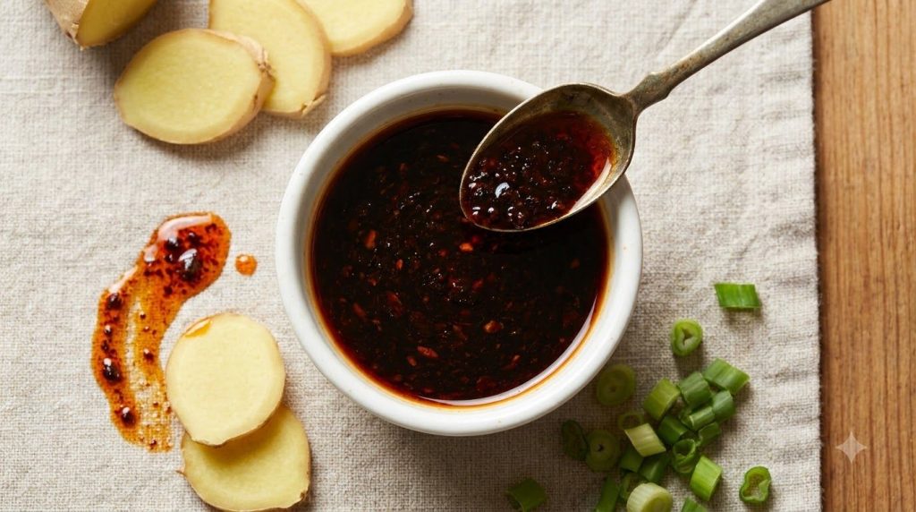 A small white ceramic bowl filled with a dark rich black vinegar chili sauce A spoon is poised above the sauce Fresh gin