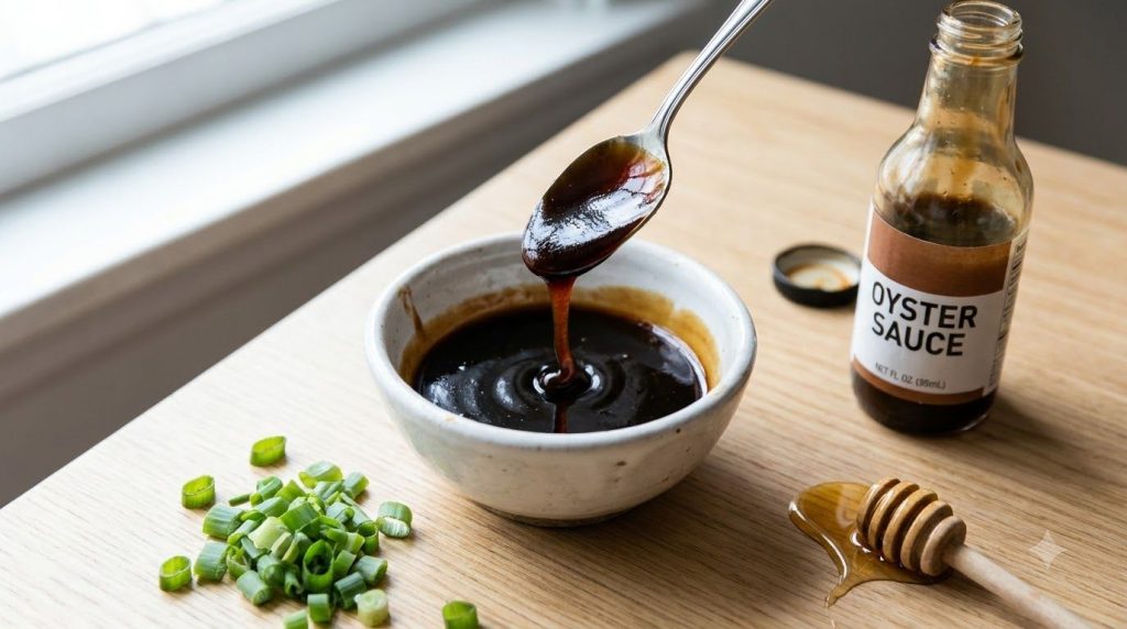 A small white ceramic bowl holding a dark glossy sweet and tangy oyster sauce A spoon is scooping some sauce Fresh green