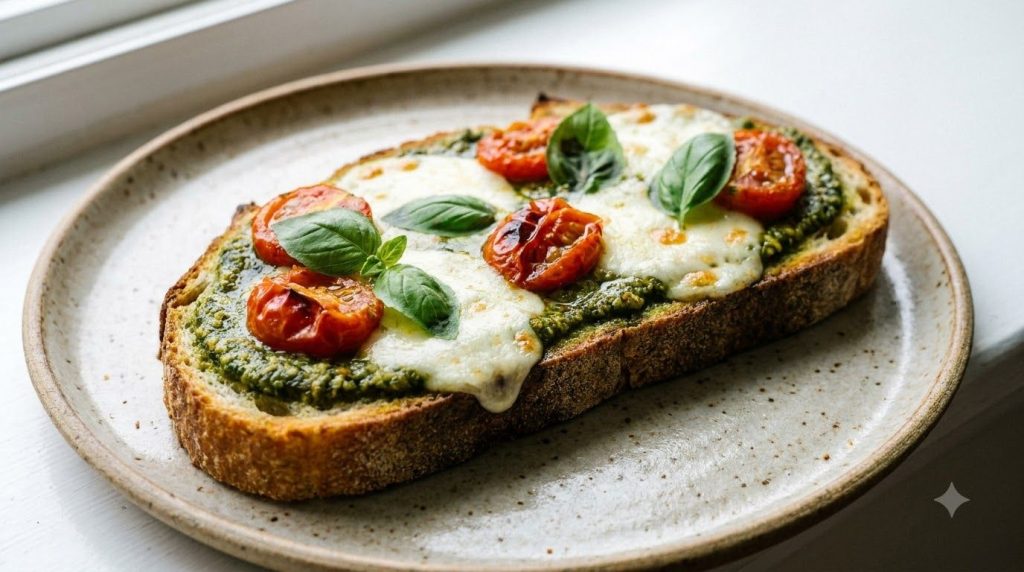 A vibrant toast pizza with green pesto as the base topped with melted mozzarella cheese and halved red cherry tomatoes g