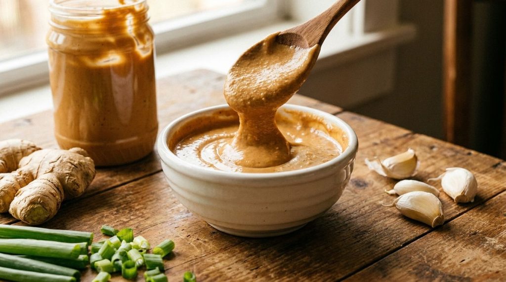 A small white ceramic bowl filled with a thick creamy savory peanut dipping sauce A spoon is lifting a generous amount o