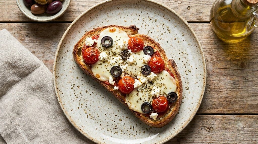 A Mediterranean-inspired toast pizza with melted mozzarella and crumbled feta cheese black olive slices and a sprinkle o