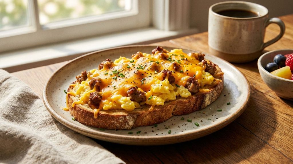 A breakfast-themed toast pizza topped with scrambled egg crumbled cooked sausage and melted cheddar cheese on a breakfas