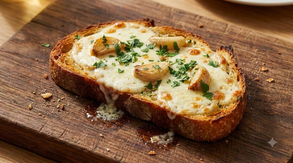 A toast pizza with a golden garlic butter base covered in melted mozzarella cheese and sprinkled with fresh parsley look
