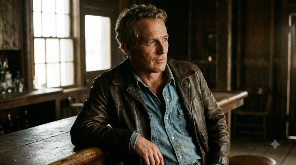 Paul Newman in a dramatic movie scene perhaps from Cool Hand Luke or The Hustler showcasing his intense gaze and acting 