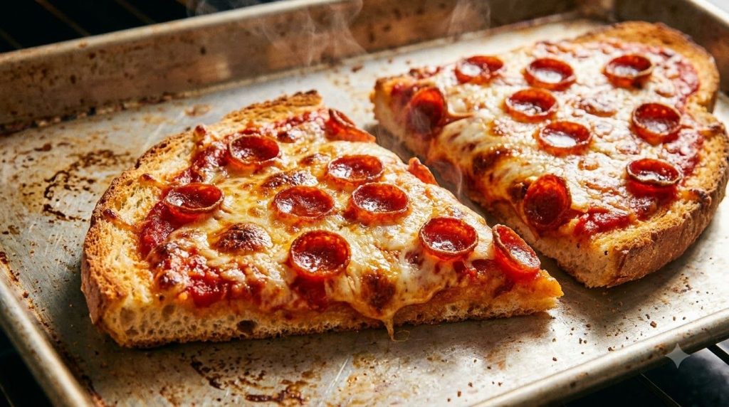 Two slices of classic toast pizza topped with pizza sauce melted mozzarella and pepperoni fresh out of the oven on a par