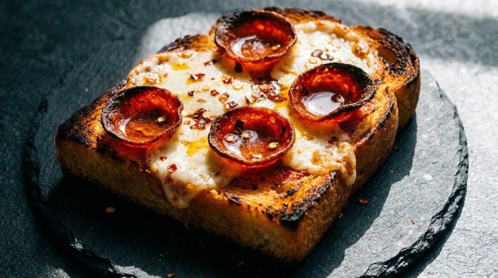 A spicy pepperoni toast pizza with crispy pepperoni melted mozzarella and a visible sprinkle of red pepper flakes served