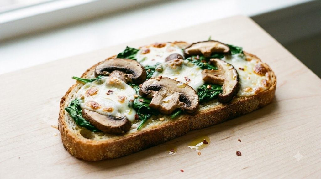 A healthy toast pizza topped with sautéed sliced mushrooms fresh spinach and melted mozzarella cheese on a light wood ba