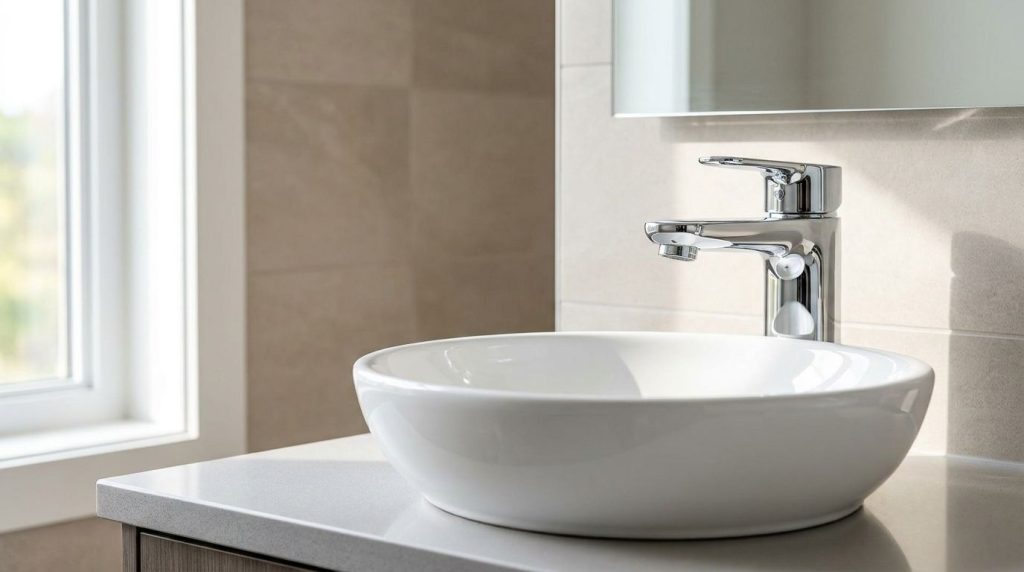 A sparkling clean bathroom sink or faucet showing the after effect of removing rust or hard water stains contrasting wit