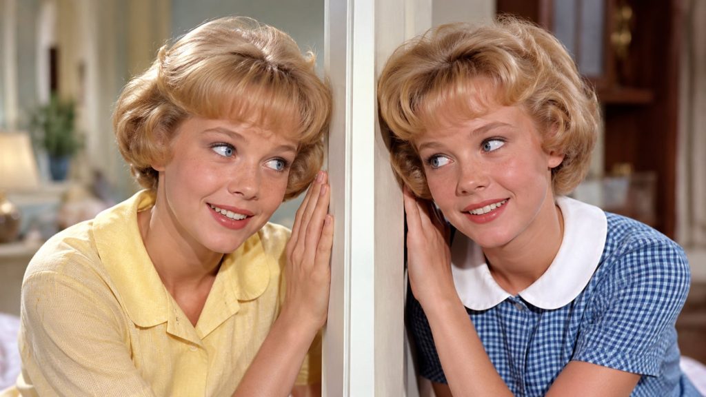 Hayley Mills playing both twins Susan and Sharon in a scene from the 1961 Disney movie The Parent Trap showing the split
