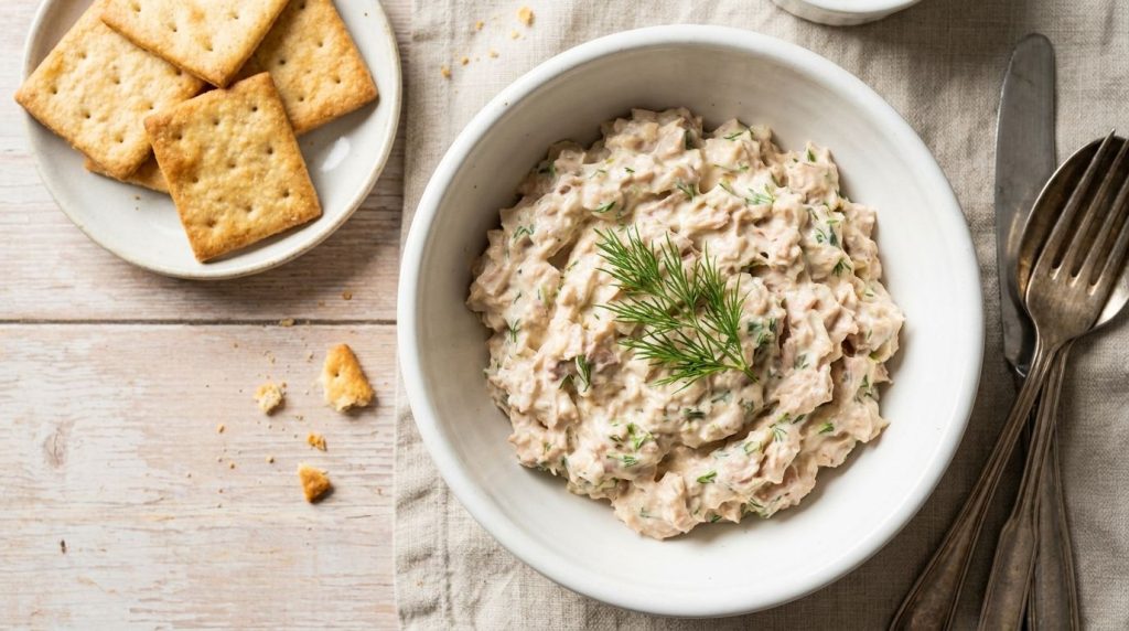 A classic creamy tuna salad in a white bowl topped with fresh dill and served with a side of crackers The tuna is flaky 