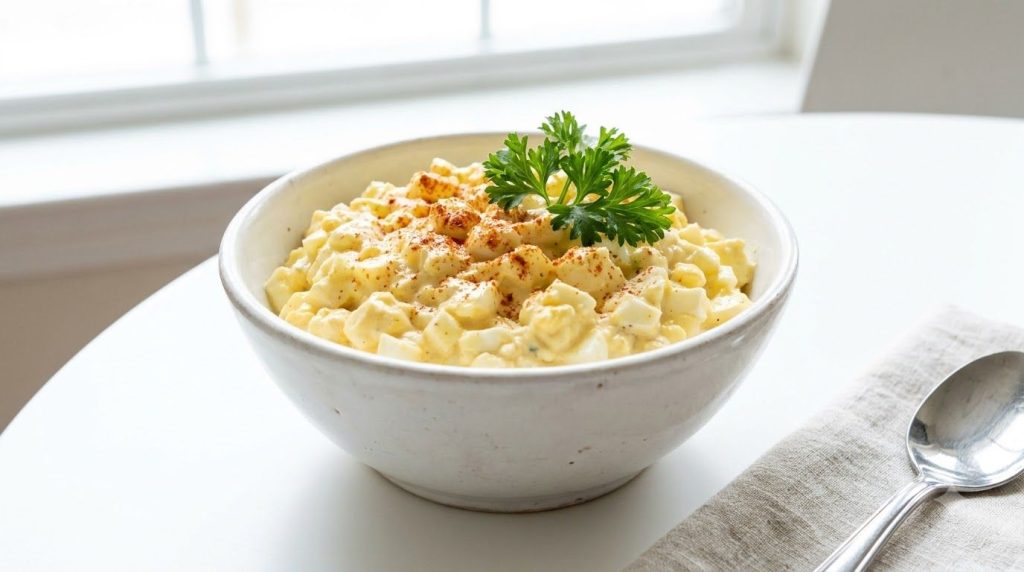 A hearty creamy egg salad in a white bowl garnished with a sprinkle of paprika and fresh parsley The chopped hard-boiled