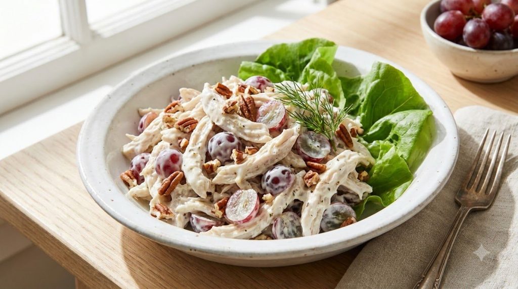 A wholesome creamy chicken salad in a white bowl featuring shredded chicken grapes and pecans coated in a creamy dressin