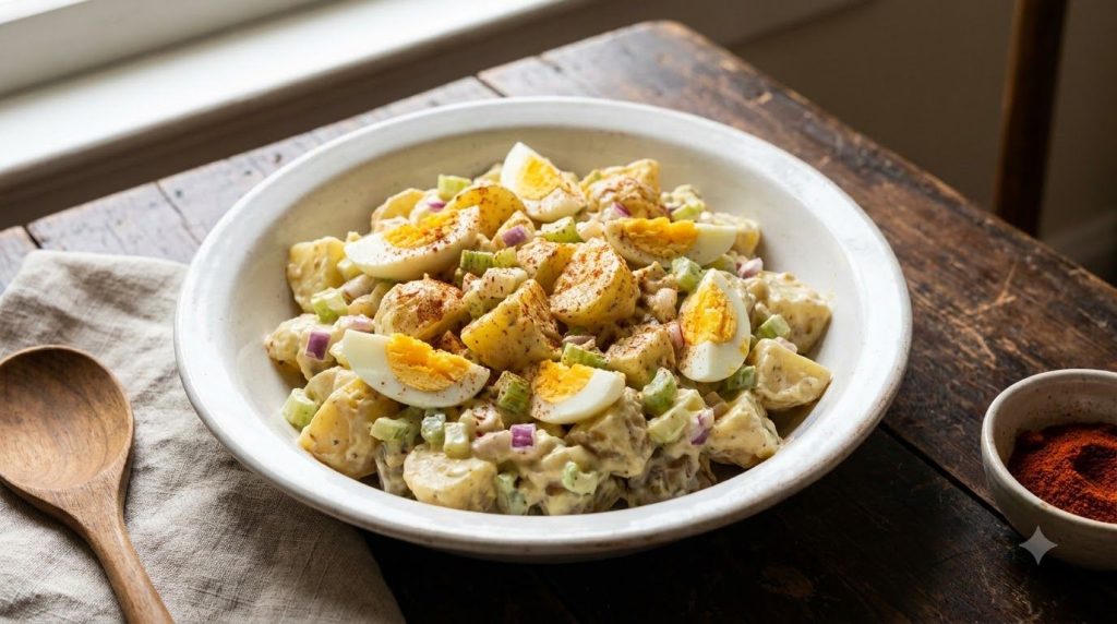 A classic creamy potato salad in a white bowl featuring tender potato chunks hard-boiled eggs celery and red onion coate