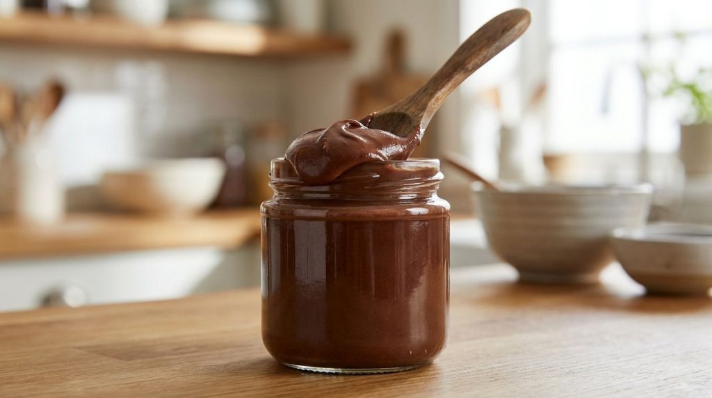A small glass jar filled with a smooth dark brown homemade chocolate spread A wooden spoon is dipping into it The backgr