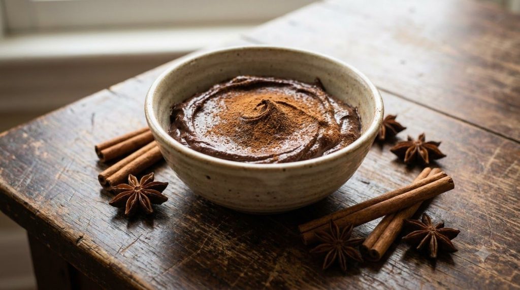 A small ceramic bowl of dark chocolate spread with a light dusting of cinnamon on top A few cinnamon sticks and star ani
