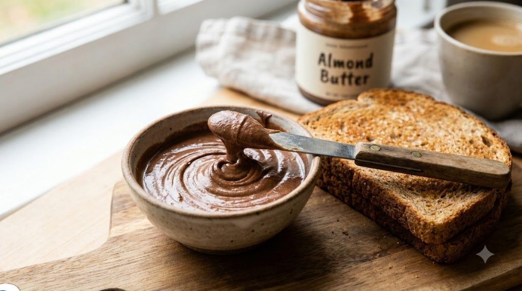 A small bowl of creamy chocolate nut butter spread with a knife spreading it on a piece of whole wheat toast A jar of al