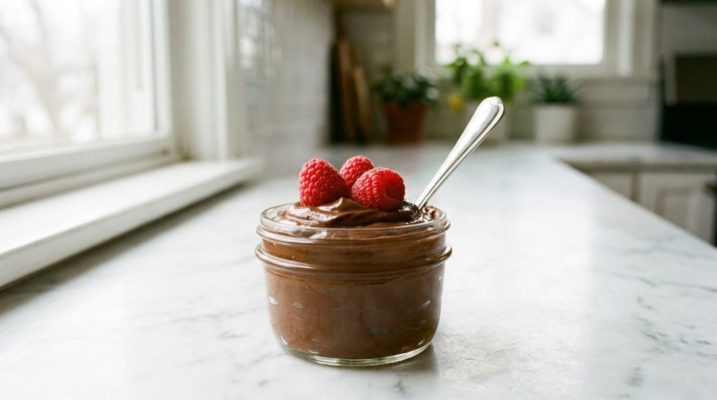 A small glass jar filled with a thick glossy chocolate avocado mousse topped with a few fresh raspberries A spoon is res