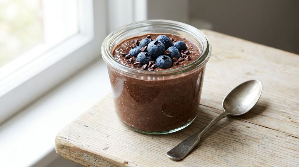 A glass jar filled with thick creamy chocolate chia pudding topped with a few fresh blueberries and a sprinkle of cocoa 