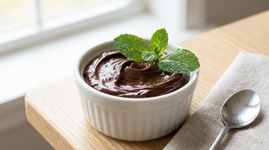 A small white bowl of dark chocolate spread garnished with a few fresh mint leaves The setting is clean and bright evoki