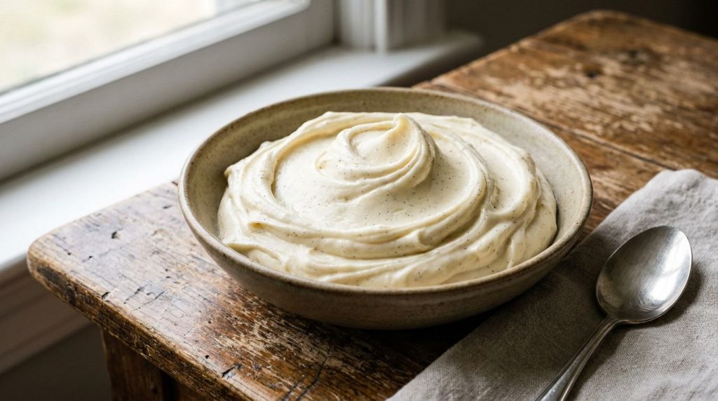A bowl of smooth white vanilla buttercream frosting elegantly swirled with a few vanilla beans visible against a warm in