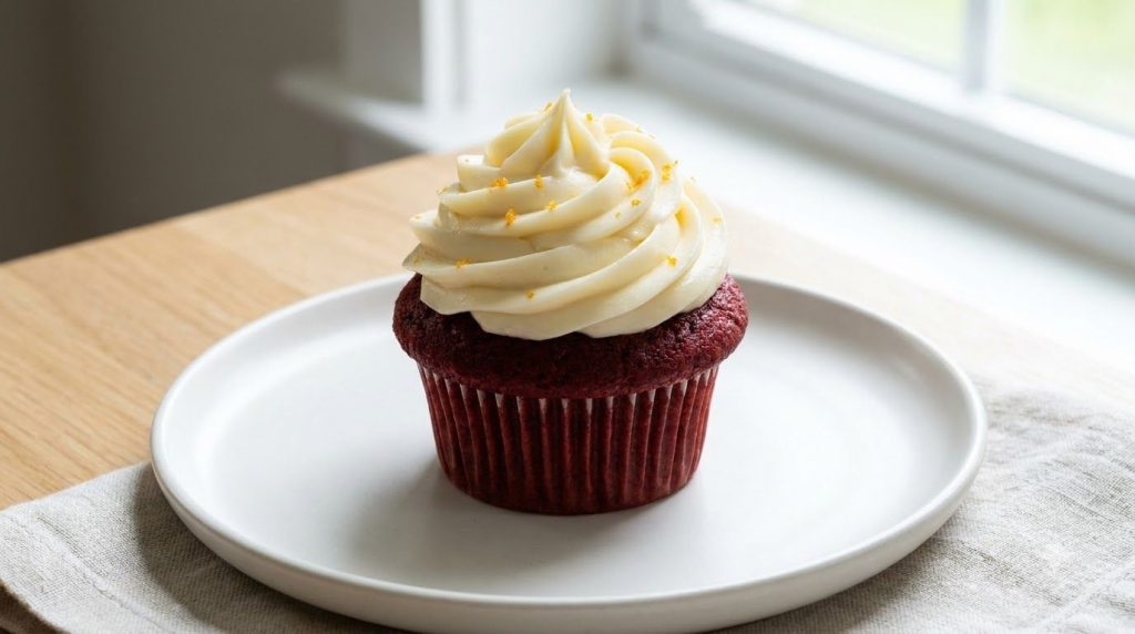 A light and fluffy cream cheese frosting piped onto a red velvet cupcake with a sprinkle of zest on top bright and invit