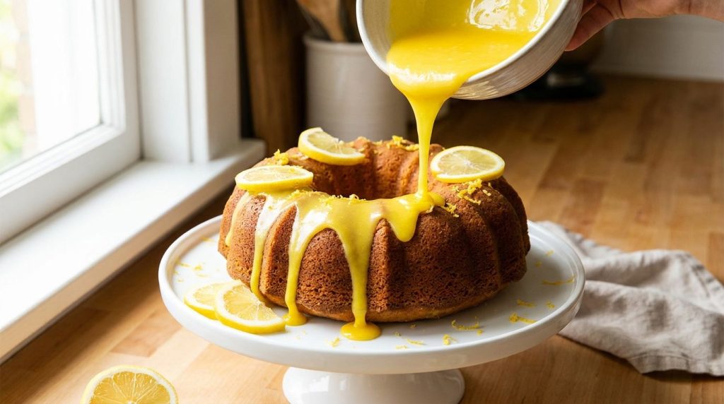 A bright yellow lemon glaze drizzling over a bundt cake with fresh lemon slices and zest for garnish a vibrant and fresh