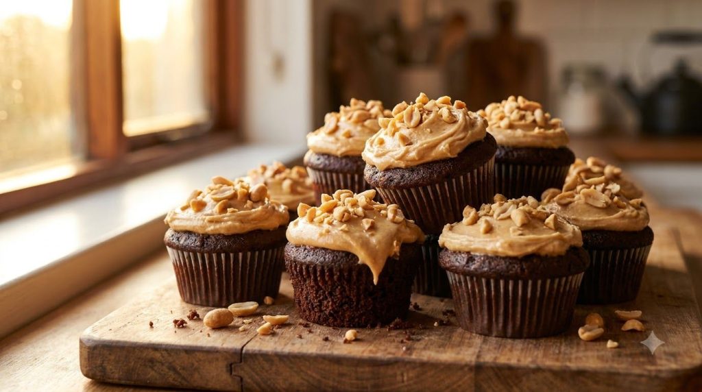 A creamy peanut butter frosting piped onto chocolate cupcakes with a sprinkle of chopped peanuts in a rustic setting