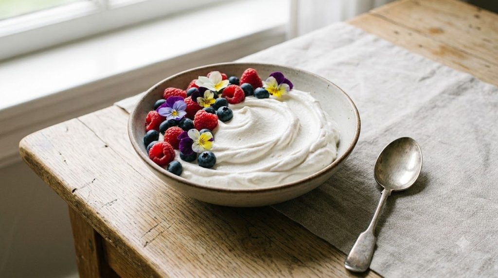 A bowl of light and airy coconut whipped cream garnished with fresh berries looking healthy and refreshing