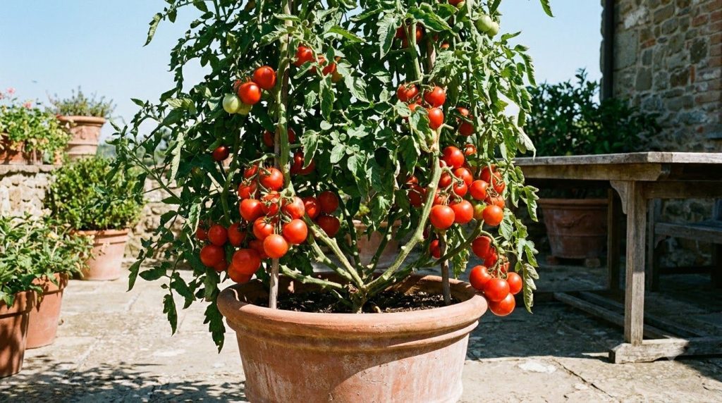 A healthy mature tomato plant in a large pot on a patio laden with ripening red tomatoes