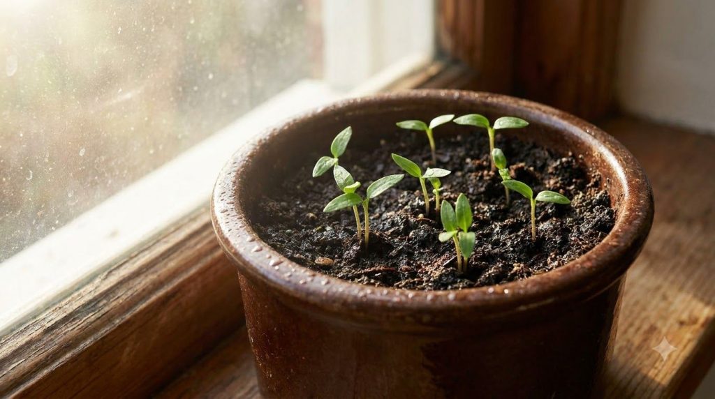 Tiny tomato seedlings emerging from the soil in a pot with healthy green leaves