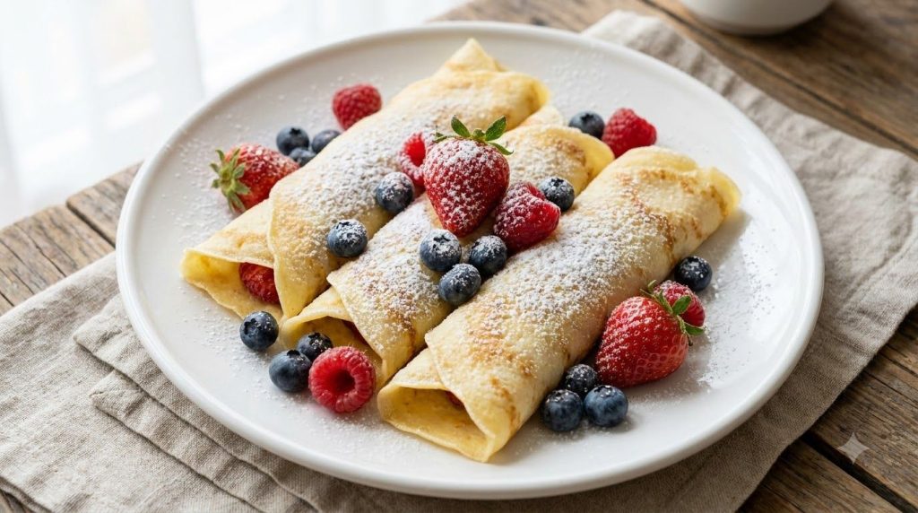 Light and fluffy vanilla rice crepes folded or rolled on a white plate dusted with powdered sugar and fresh berries A sm