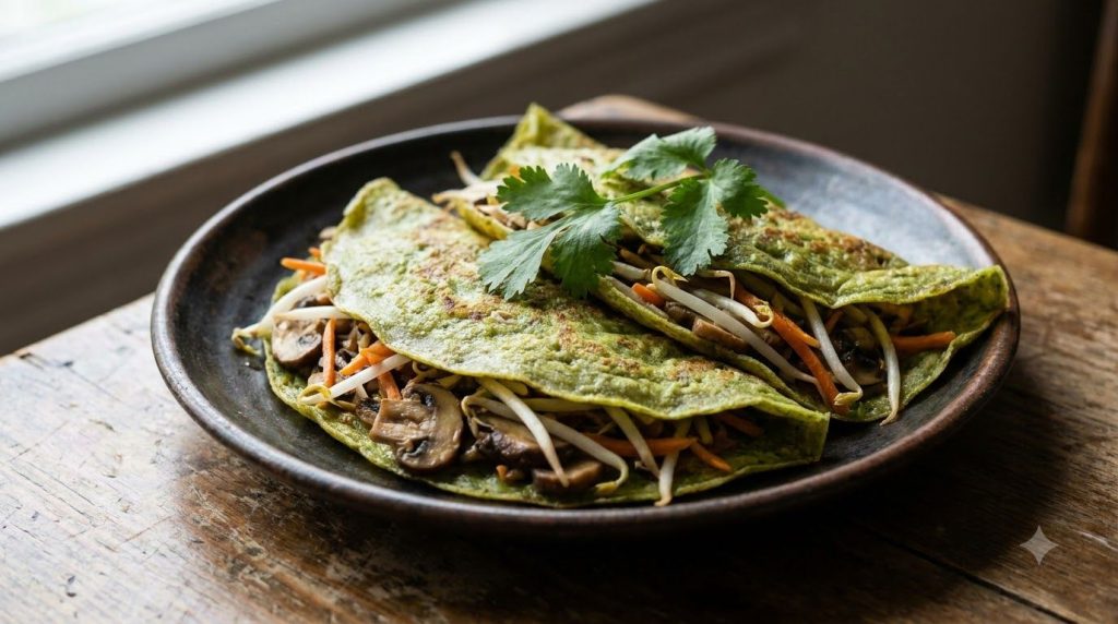 Green-hued rice crepes filled with a savory mix of vegetables folded and presented on a dark plate garnished with a fres