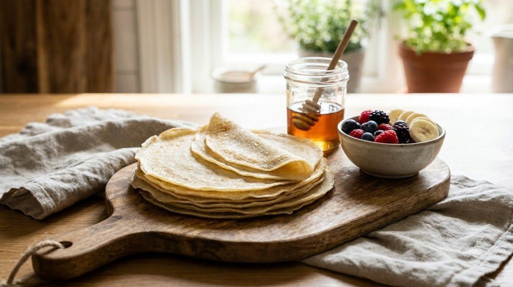 A stack of thin slightly rustic vegan rice crepes on a wooden board with a small bowl of fresh fruit and agave syrup in