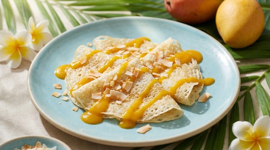 Delicate coconut rice crepes served with a drizzle of mango puree and toasted coconut flakes on a light blue ceramic pla
