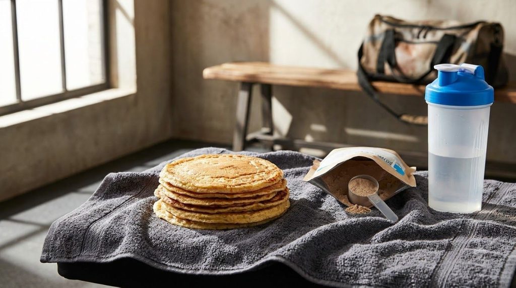 A stack of thick hearty rice crepes on a gym towel with a scoop of protein powder and a shaker bottle in the background