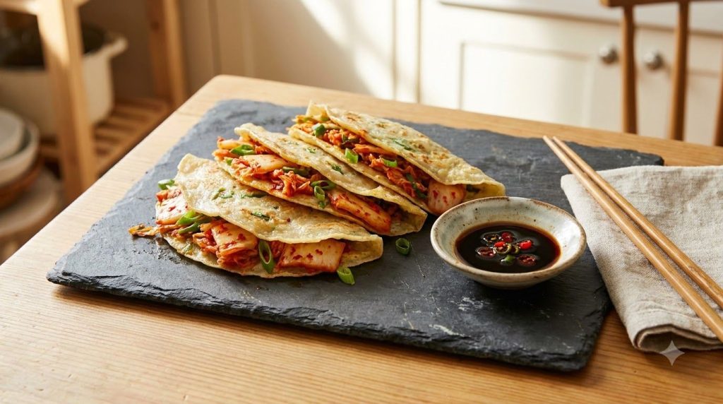 Savory rice crepes folded around a vibrant kimchi and scallion filling served with a small dish of soy dipping sauce on