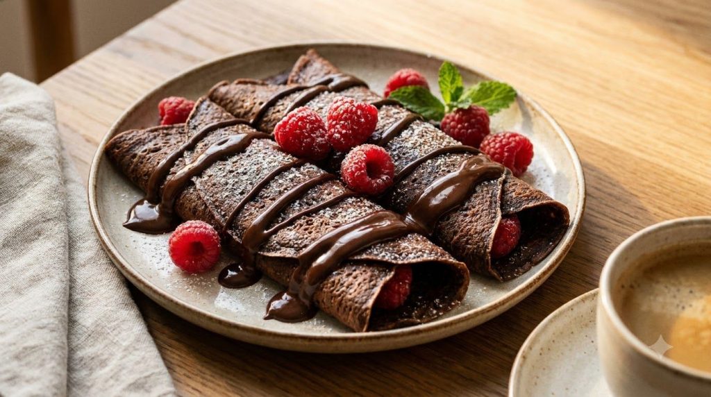 Dark chocolate rice crepes drizzled with melted chocolate and topped with fresh raspberries artfully arranged on a desse