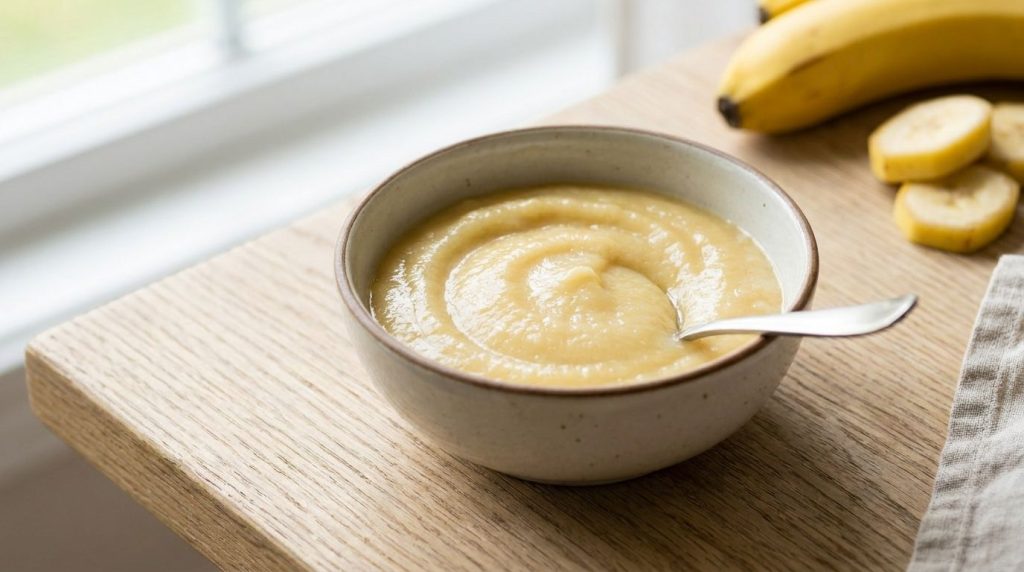 A bowl of smooth creamy homemade banana puree ready to be used