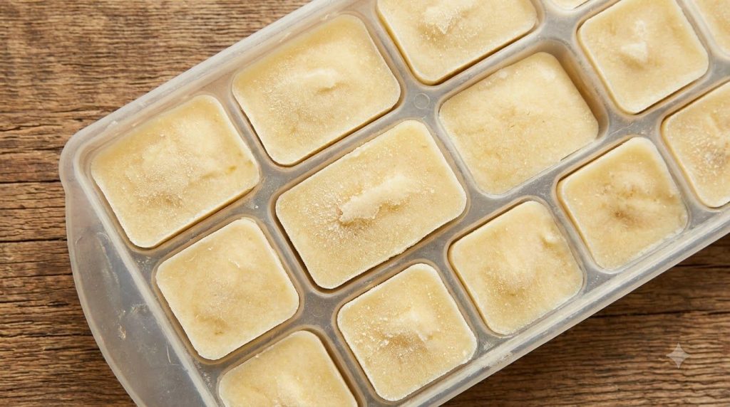 Frozen banana puree cubes in an ice cube tray perfect for storage