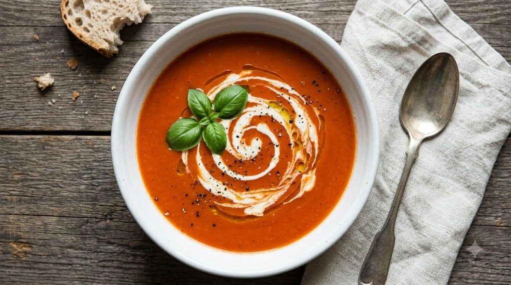 A vibrant red creamy tomato soup in a white bowl garnished with a swirl of cream and fresh basil leaves