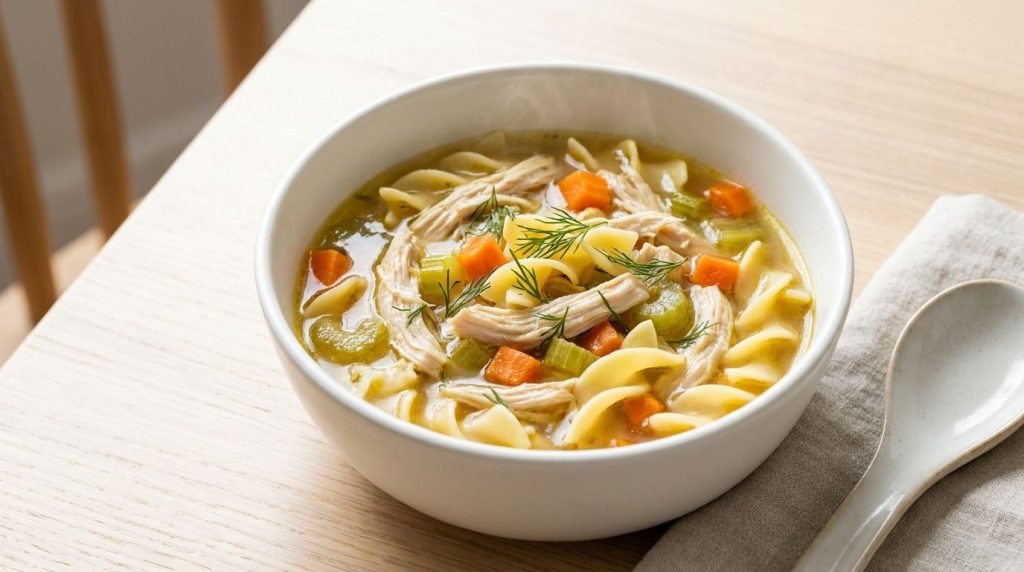A clear white bowl filled with classic chicken noodle soup featuring tender chicken pieces bright yellow egg noodles and