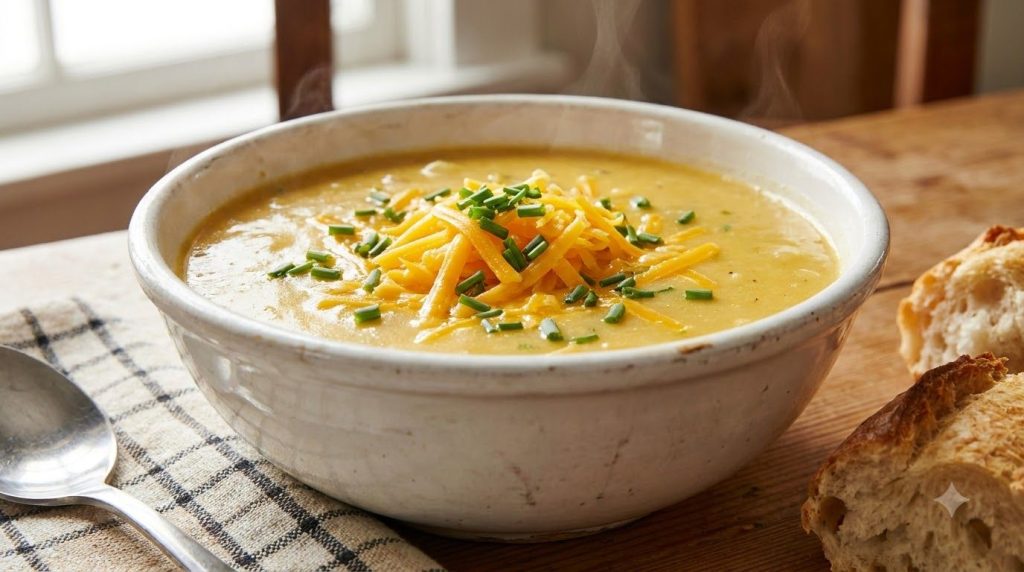 A thick golden cheesy potato soup in a rustic white bowl topped with shredded cheddar cheese and a sprinkle of chopped c