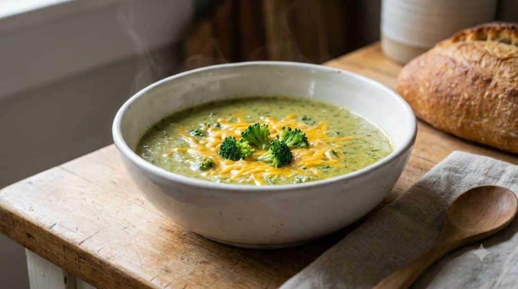 A vibrant green broccoli cheddar soup in a white bowl topped with extra shredded cheddar cheese and small broccoli flore