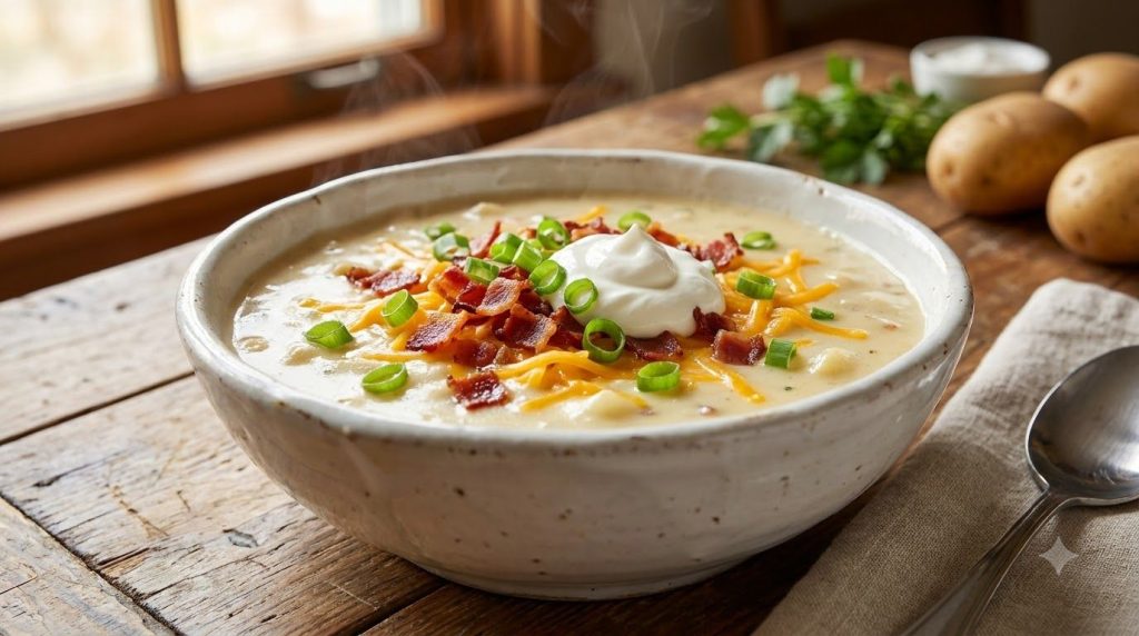 A hearty loaded baked potato soup in a white bowl generously topped with crispy bacon bits shredded cheddar cheese slice