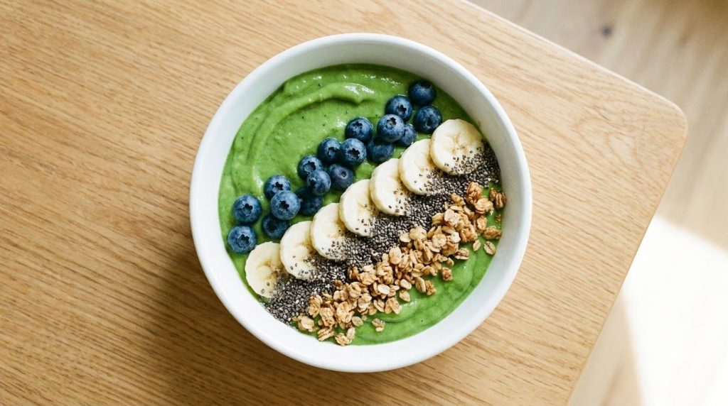 A colorful smoothie bowl with a green avocado-banana base topped with fresh berries sliced banana chia seeds and granola