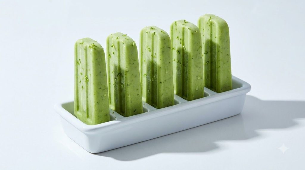 Bright green avocado lime popsicles in a row with visible lime zest specks on a minimalist white background suggesting c